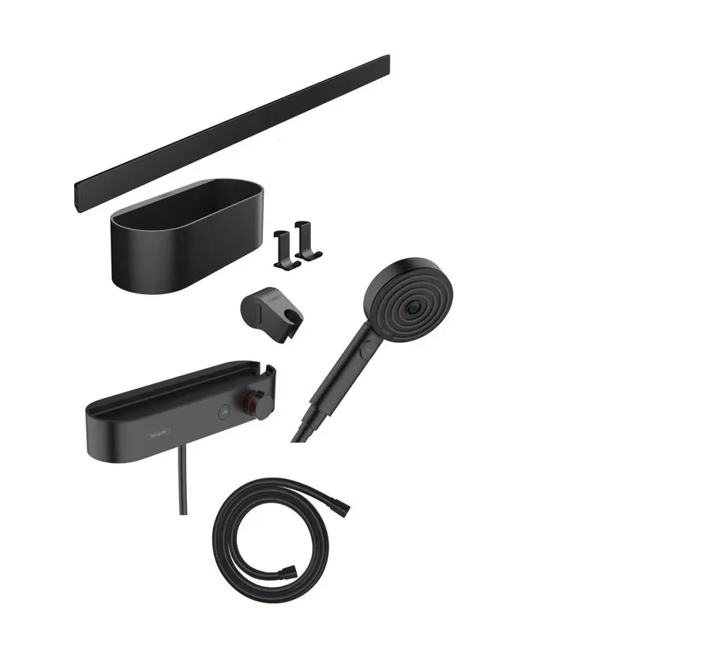 Schwarzes Zubehörset bestehend aus Wandstange, Handbrause, Thermostat und weiteren Elementen, passend für Anwendungen von Hansgrohe.